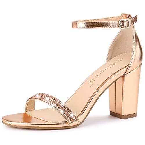 Allegra K Women's Rhinestone Ankle Strap Chunky Heels — Rose Gold