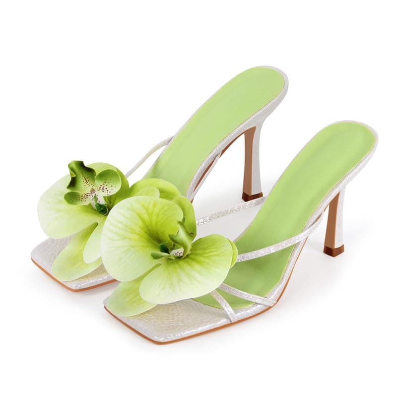 Richealnana Women's Clear Square Toe Stiletto Heel Slip-On Mules — Green-flower