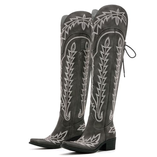 vódvob Women's Black Lace-Up Over-The-Knee Cowboy Boots, Western Casual Wear
