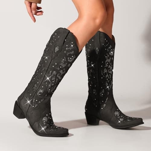 LingxiaUne Sparkly Rhinestone Western Cowboy Boot with Embroidery for Women