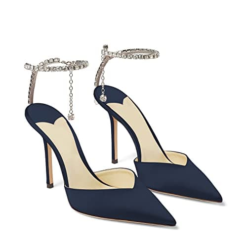 LauraVicci Women's Crystal Chain Heeled Sandals with Rhinestones Buckle Satin Shoes — Navy Satin