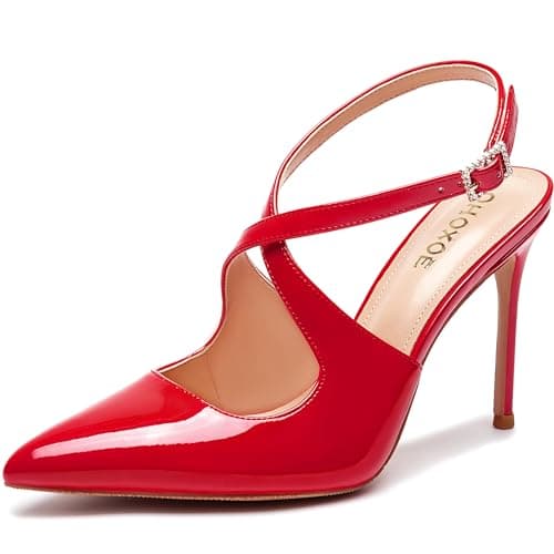 OHOXOE Women's Pointed Toe Stiletto Pumps Kitten Heels Wedding Party Shoes — Red