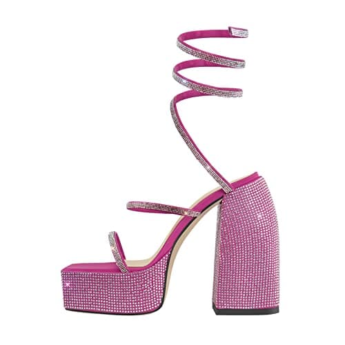 Richealnana Women's Chunky Block Heel Rhinestone Straps Sandals