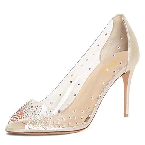 FSJ Women's Studded Pointed Toe Transparent High Heels with Bowknot US 4-15 M — Gold