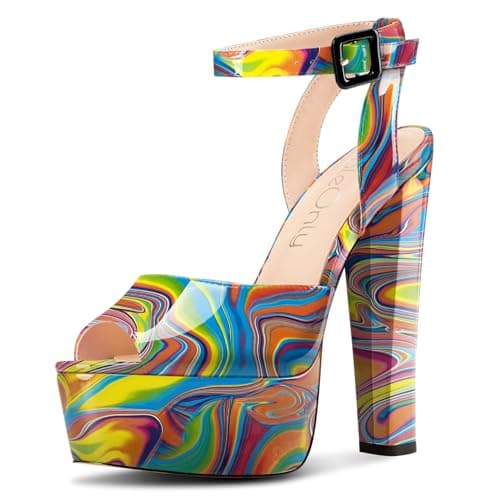 NobleOnly Chunky Heel Ankle Strap Sandals for Women Wedding Party Prom 5.9 Inches — Colorful Graffiti
