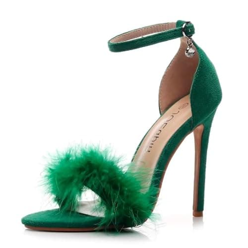 JOEupin Women's Fluffy Marabou Heel Strappy Sandals with Fur
