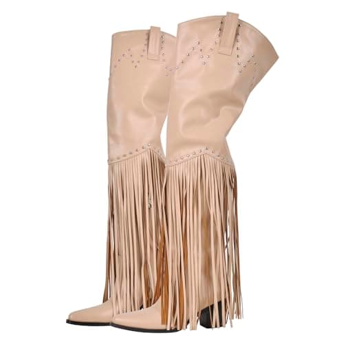 Richealnini Fringe Thigh High Zip-Up Western Boots — Beige