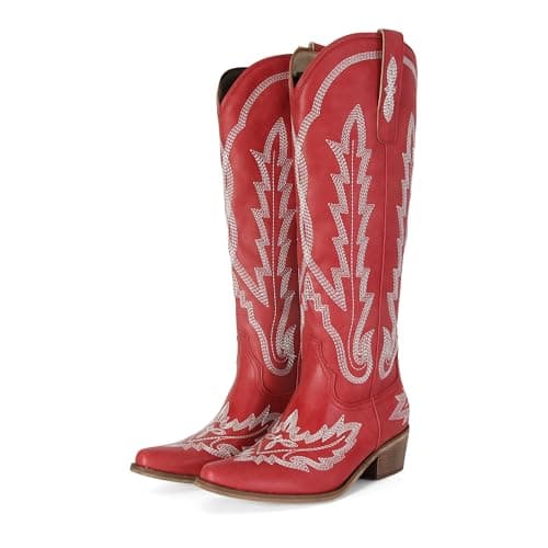 STALOV Women's Western Knee High Embroidered Cowboy Boots