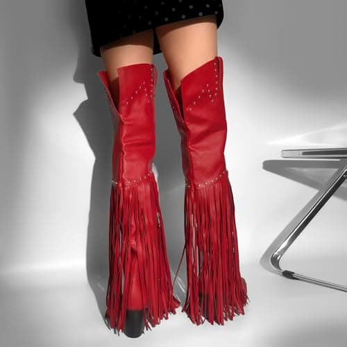 Richealnini Fringe Thigh High Zip-Up Western Boots