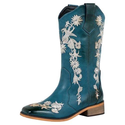 SheSole Women's Floral Rhinestones Square Toe Cowboy Boots