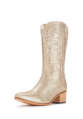 Women Rhinestone Cowboy Boots — Gold