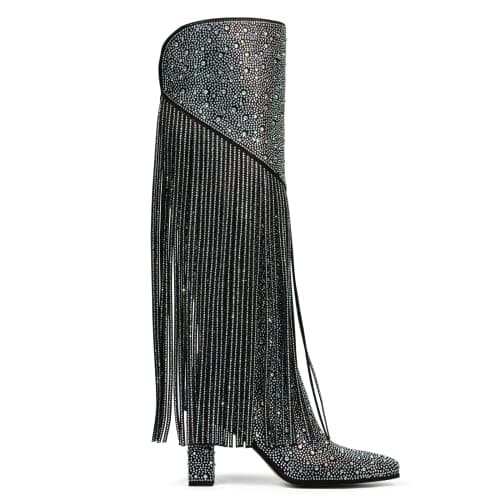 Ouepiano Women's Fringe Rhinestone Zipper Knee High Cowboy Boots for Girls Party Date — Rhinestone