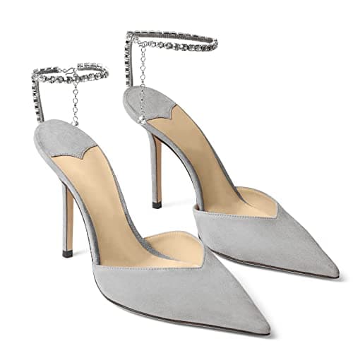 LauraVicci Women's Crystal Chain Heeled Sandals with Rhinestones Buckle Satin Shoes — Grey Suede