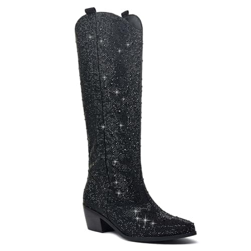 KEEISEA Women's Sparkle Rhinestone Cowboy Boots Wide Glitter Fashion Party — Knee-high Gold