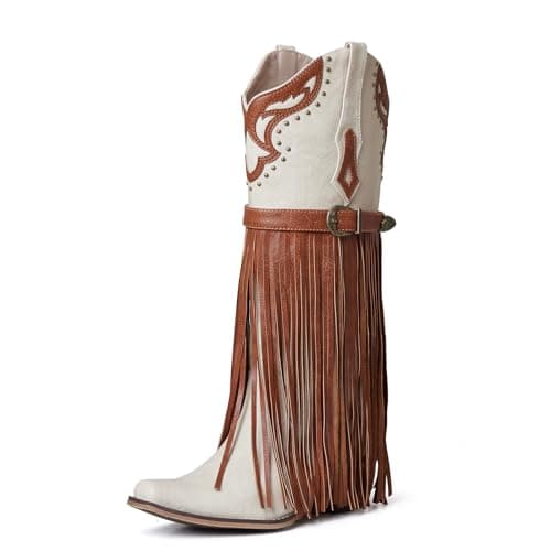 SaraIris Women's Fashion Pointed Toe Western Bootie, 2.75" Heel, Embroidered Fringe, Mid Calf Boots — 1 Beige Brown