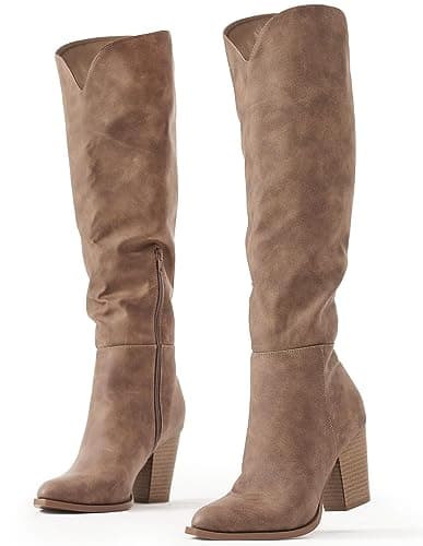 Putu Women's Knee High Faux Leather Pointed Toe Western Heel Boots