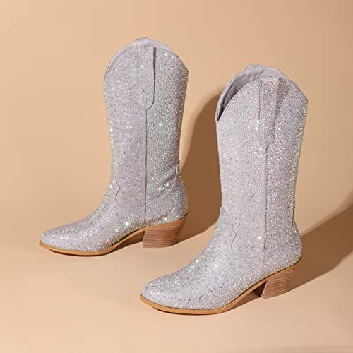 Atuelang Women's Sparkly Rhinestone Knee High Cowboy Boots