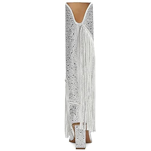 Ouepiano Women's Fringe Rhinestone Zipper Knee High Cowboy Boots for Girls Party Date