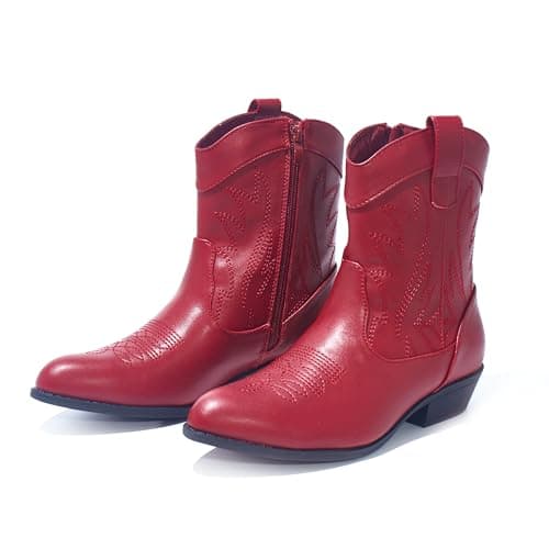 PEPPEP Collection Western Cowgirl Boots for Women, Vegan Leather, Embroidered Mid Calf Heel — Ancola Red