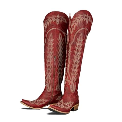 Beautiful Embroidered Cowgirl Boots for Women - Thigh High Western Style Zipper Heel — Red