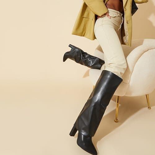 Modatope Chunky Heel Knee High Zipper Boots for Women