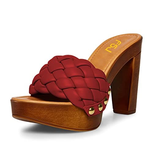 FSJ Women's Braided Chunky Heel Slip On Sandal Size 4-15 US — Red