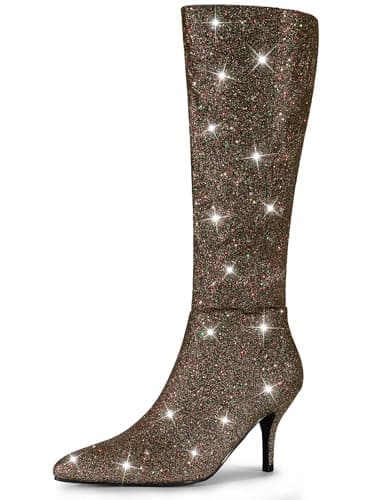 Allegra K Women's Sparkle Pointy Toe Knee High Boots — Dark Brown