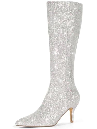 Perphy Women's Sparkly Stiletto Heel Knee High Boots