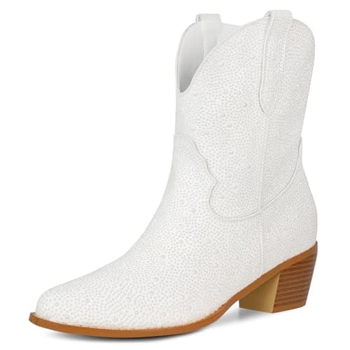 STALOV Women's Embroidered Cowgirl Ankle Boots, Pointed Toe Chunky Heel — White Rhinestone