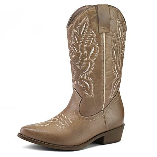Mysoft Women's Cowboy Boots Embroidered Mid-Calf Pointed Toe — Light Brown