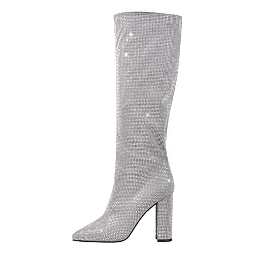 Richealnana Women's Rhinestone Block Heel Knee-High Boots — Grey