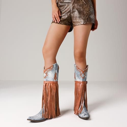 SaraIris Women's Fashion Pointed Toe Western Bootie, 2.75" Heel, Embroidered Fringe, Mid Calf Boots