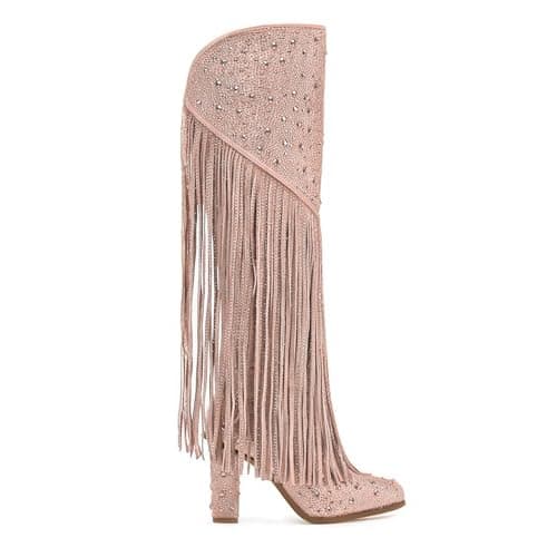 Ouepiano Women's Fringe Rhinestone Zipper Knee High Cowboy Boots for Girls Party Date — Lightpink