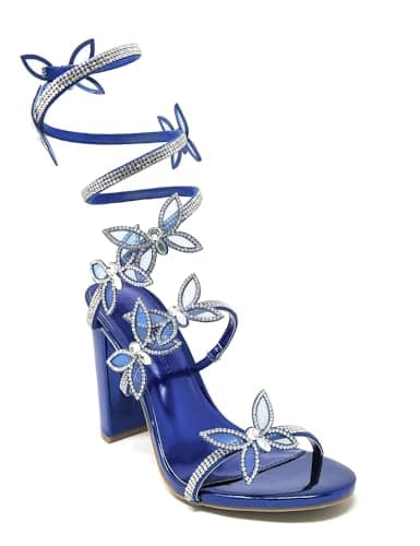 Wild Diva Women's Morris-581 Rhinestone Butterfly Detail Chunk Heel — Blue Metallic Pu