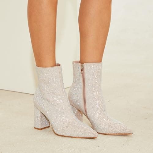 MISSMILLER Rhinestone Chunky Heel Pointed Toe Ankle Boots for Women
