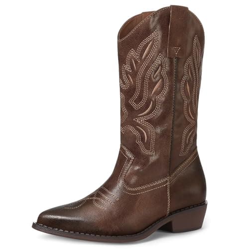 Mysoft Women's Cowboy Boots Embroidered Mid-Calf Pointed Toe — Dark Brown Pu