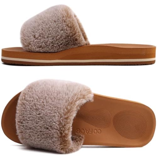 COFACE Women's Memory Foam Plush Slip-On Slippers Anti-Skid Fur Indoor Outdoor — Khaki