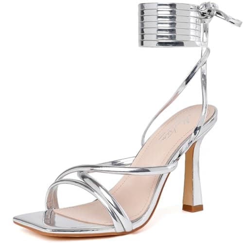 Mostrin Women's Strappy Heels Lace Up Square Toe High Heeled Sandals for Prom, Party & Daily Wear — Silver