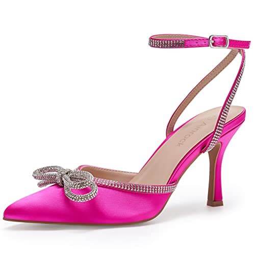 Ainrock Women's Sparkly Rhinestone Wedding Heeled Pumps for Bridal Dress — Rose Red