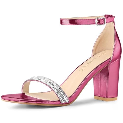 Allegra K Women's Rhinestone Ankle Strap Chunky Heels — Hot Pink