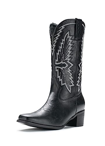 IUV Western Cowboy Boots for Women classic fashion with embroidery — B-black
