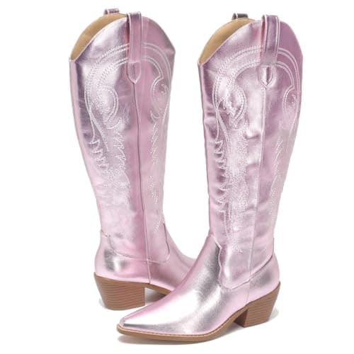 Amoji Women's Western Cowboy Knee High Boots with Zipper 307 — 307-metallic Pink