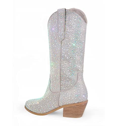 Richealnana Women's Rhinestone Slip-On Block Heel Boots