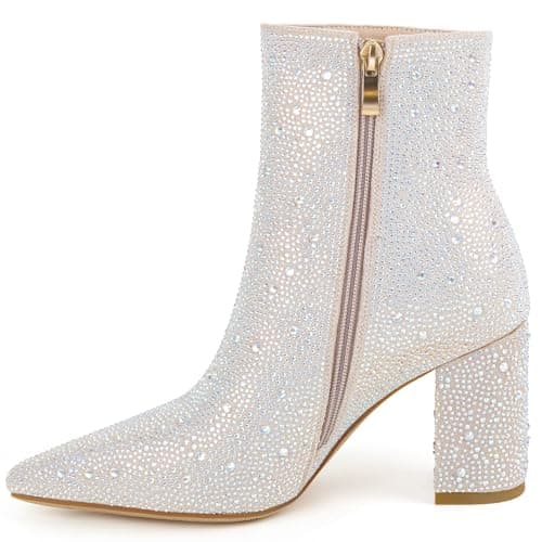 MISSMILLER Rhinestone Chunky Heel Pointed Toe Ankle Boots for Women