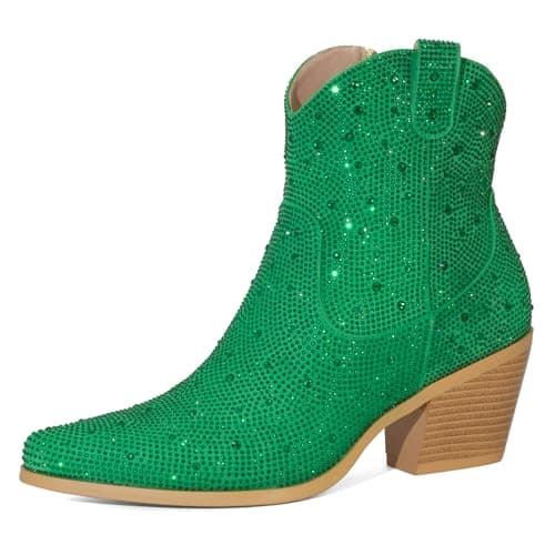 MISSMILLER Women's Sparkly Rhinestone Cowgirl Boots Pointed Toe Chunky Heels — Green
