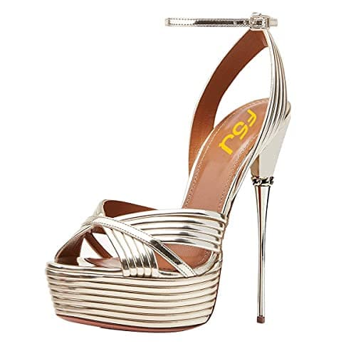FSJ Women's Metallic Open Toe Stiletto Heel Platform Sandals Size 4-15 US — Gold Lines
