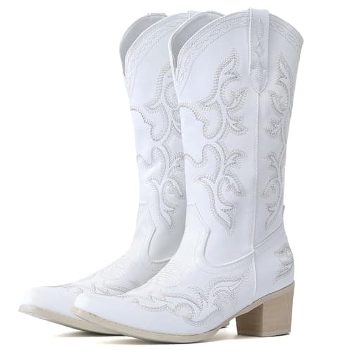 IUV Western Cowboy Boots for Women classic fashion with embroidery — White