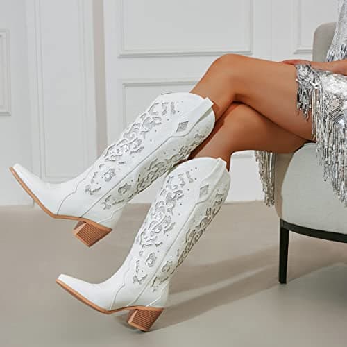 KiutSymo Sparkly Vintage Embroidered Cowgirl Boots Mid Calf Heel Wedding Western