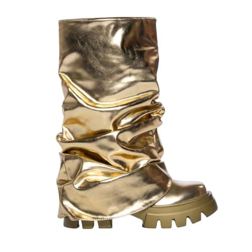 DETOGNI Women's Metallic Mid Calf Pull-On Chunky Platform Booties — Gold