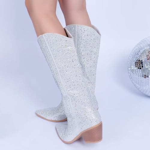 Vimitty Women's Rhinestone Glitter Cowboy Boots